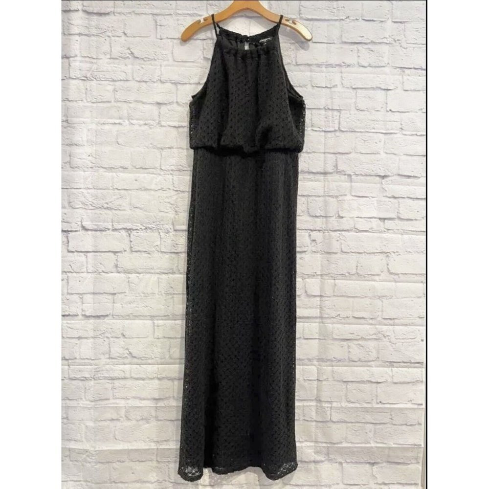 Sharagano Black Embroidered Lace Stretch Halter Long Maxi‎ Dress